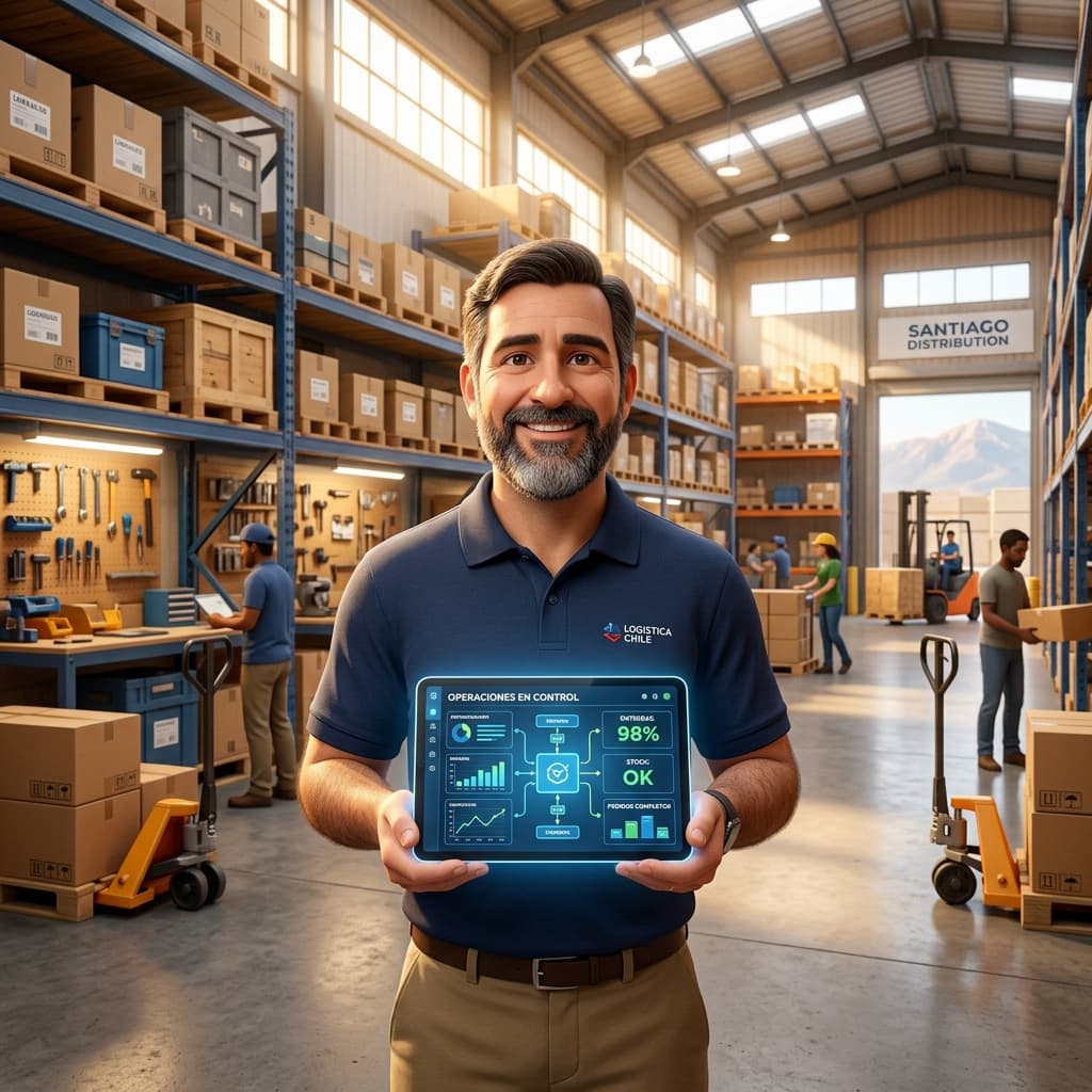 Dueño de una distribuidora revisando su tablet con flujos de trabajo automatizados en su bodega