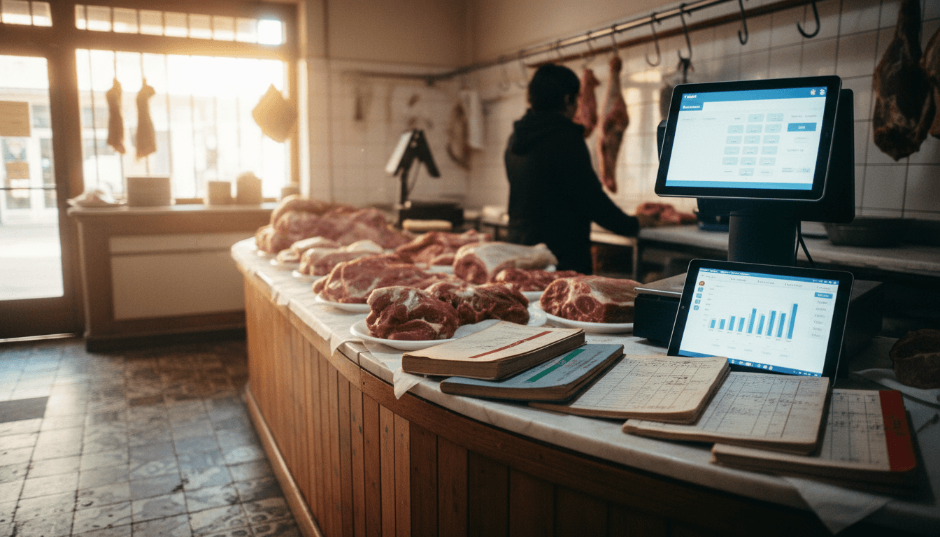 Carnicería La Reina de la Carne en Maipú, con sistema Tendo POS en el mostrador, mostrando gestión digital de fiados y ventas.