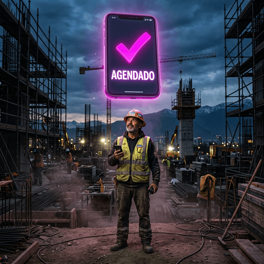 Contratista chileno revisando su agenda automática en el celular mientras está en una obra