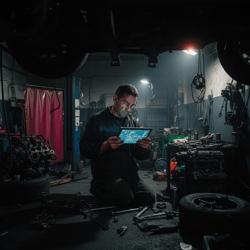 Mecánico con overol azul revisando una tablet con una interfaz de control de stock y ventas de repuestos en un taller automotriz.