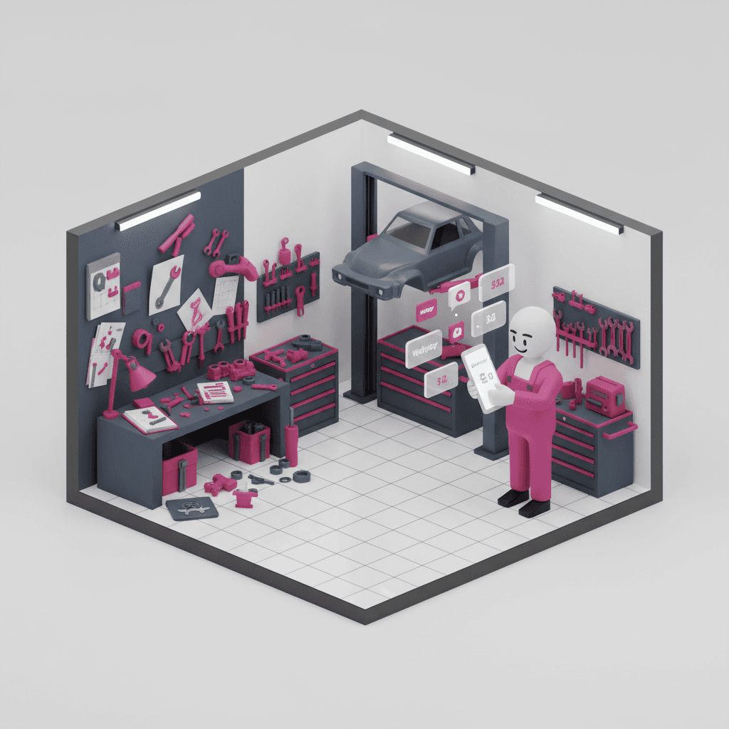 Un mecánico revisando un tablet con un sistema POS en un taller automotriz, mostrando orden y digitalización.