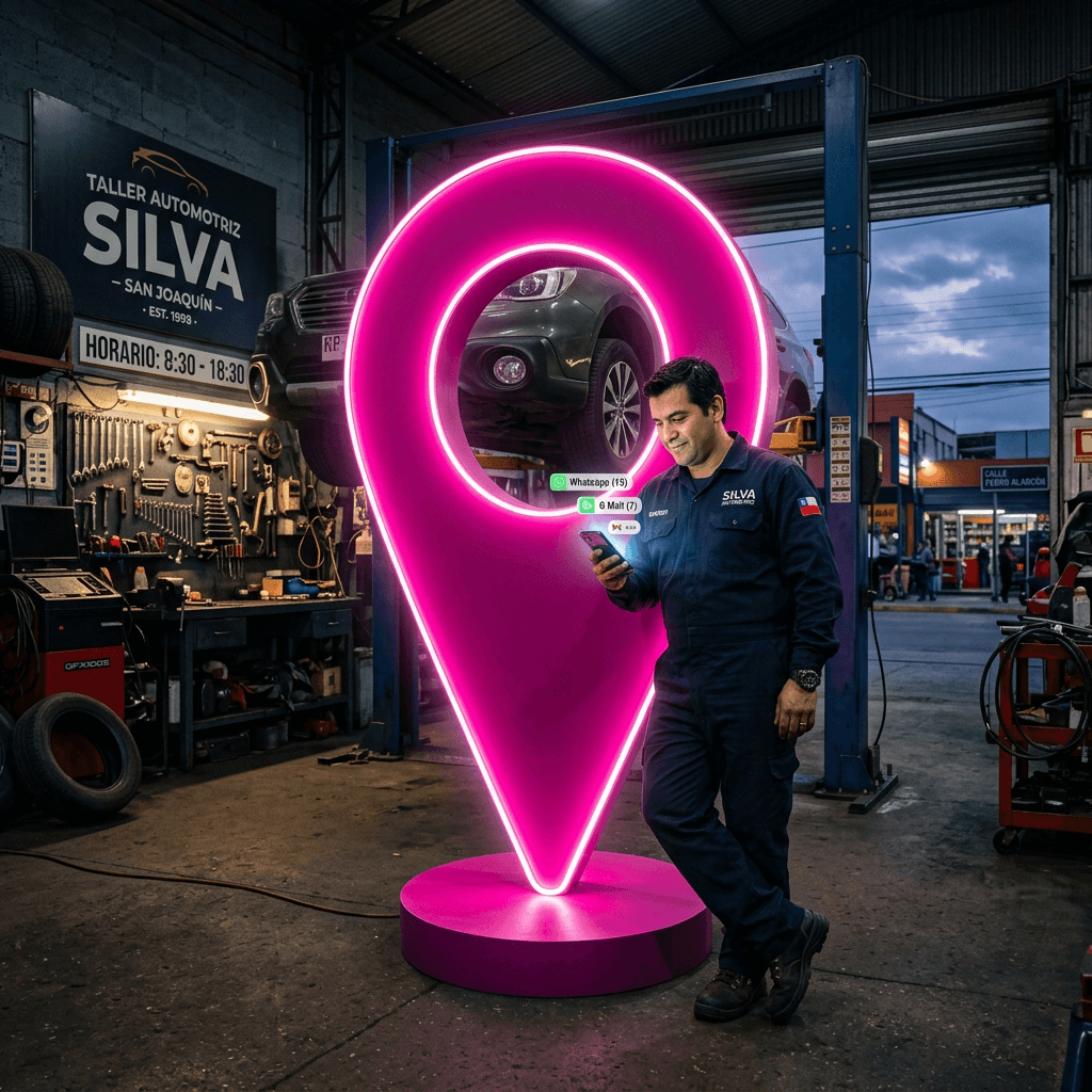 Dueño de taller mecánico en Chile revisando su perfil de Google Business en un celular mientras trabaja