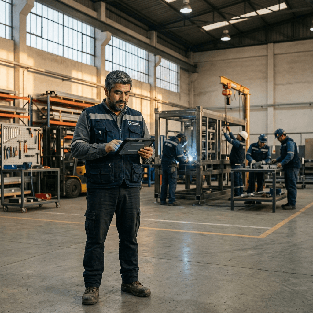 Dueño de una empresa de servicios en Chile revisando su celular con tranquilidad mientras su equipo trabaja al fondo en una obra.