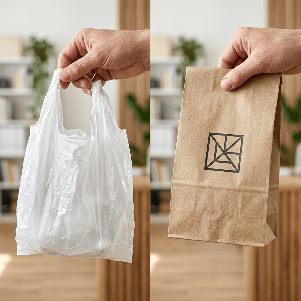 Comparativa entre una bolsa de plástico genérica y un empaque de papel kraft con marca profesional y timbre de goma