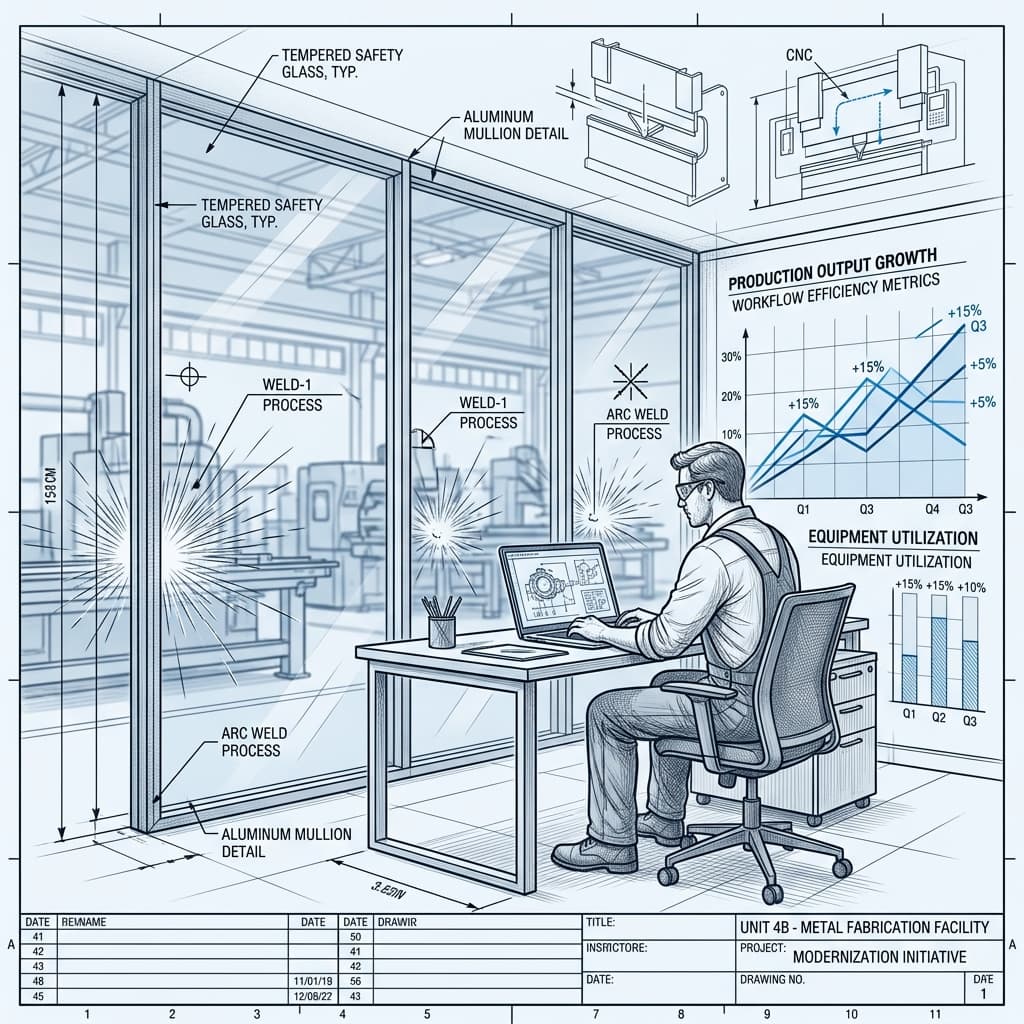 Dueño de maestranza revisando su computador frente a sus máquinas en el taller