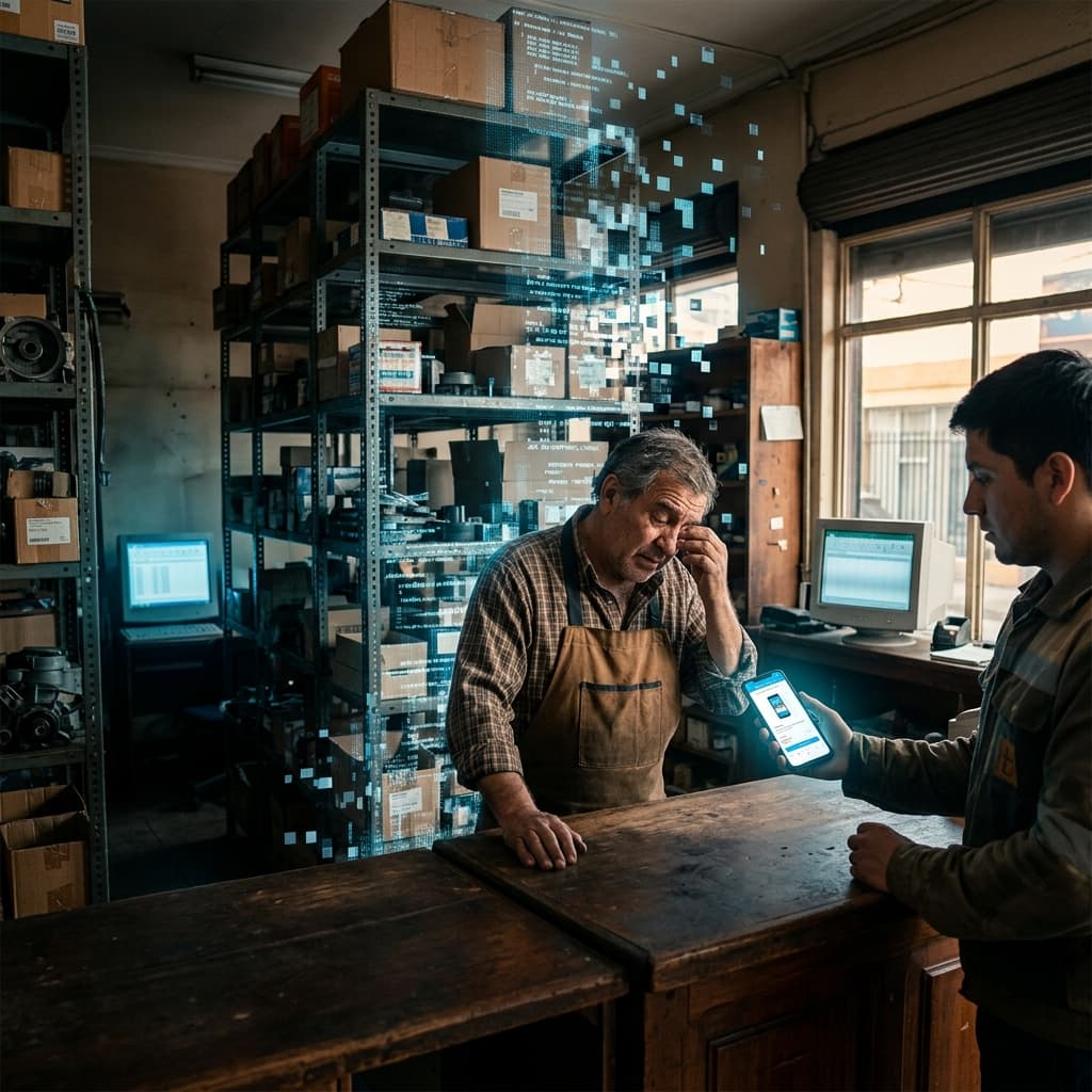 Dueño de distribuidora revisando stock en bodega con tablet sincronizada