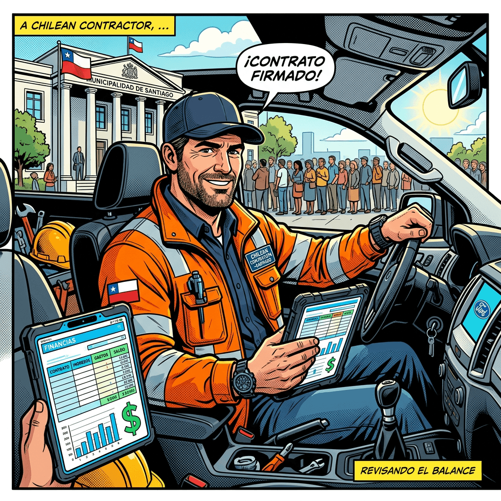 Dueño de empresa de servicios revisando facturas y cuentas en su camioneta de trabajo frente a una municipalidad en Chile