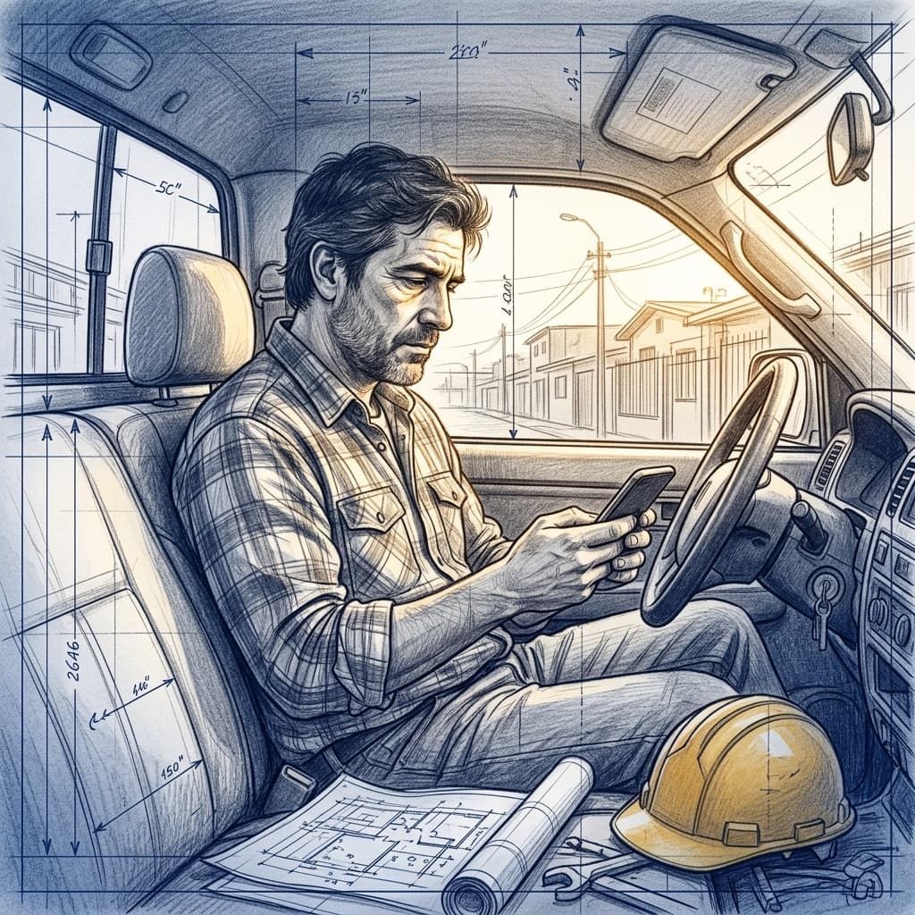 Dueño de constructora chilena reflexionando frente a su camioneta en una obra de Santiago