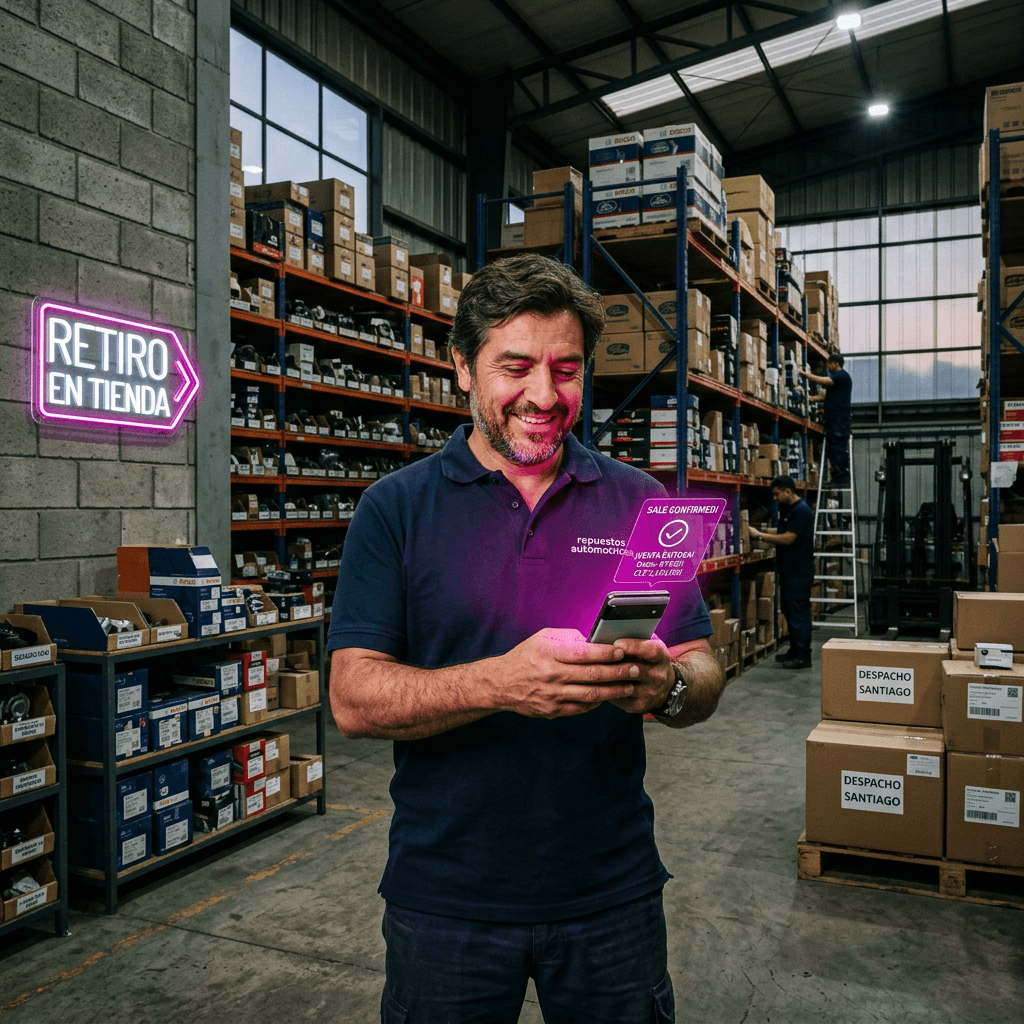 Dueño de una distribuidora en Chile revisando pedidos en su celular frente a estanterías con stock.