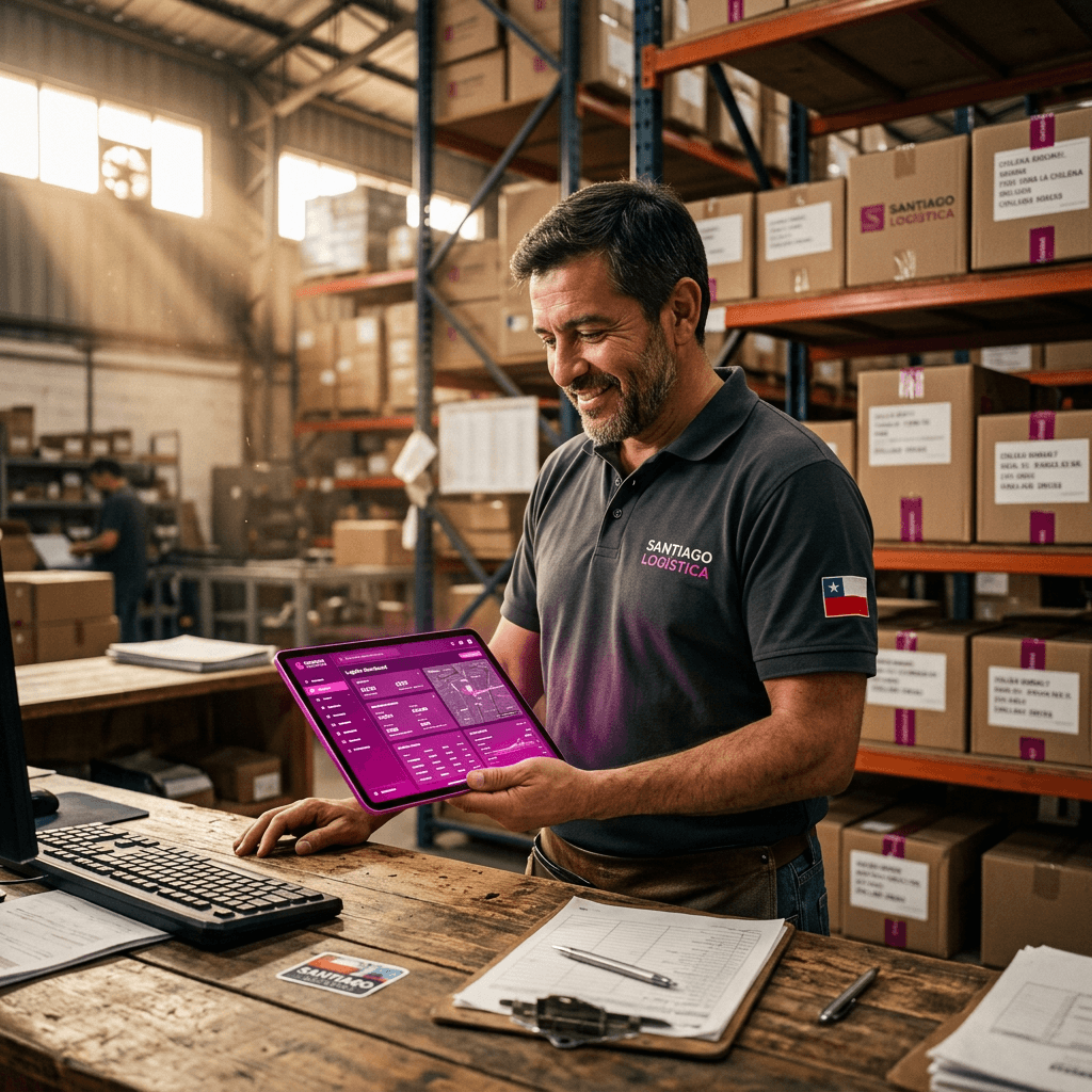Dueño de distribuidora en Santiago revisando pedidos automáticos en su tablet dentro de su bodega
