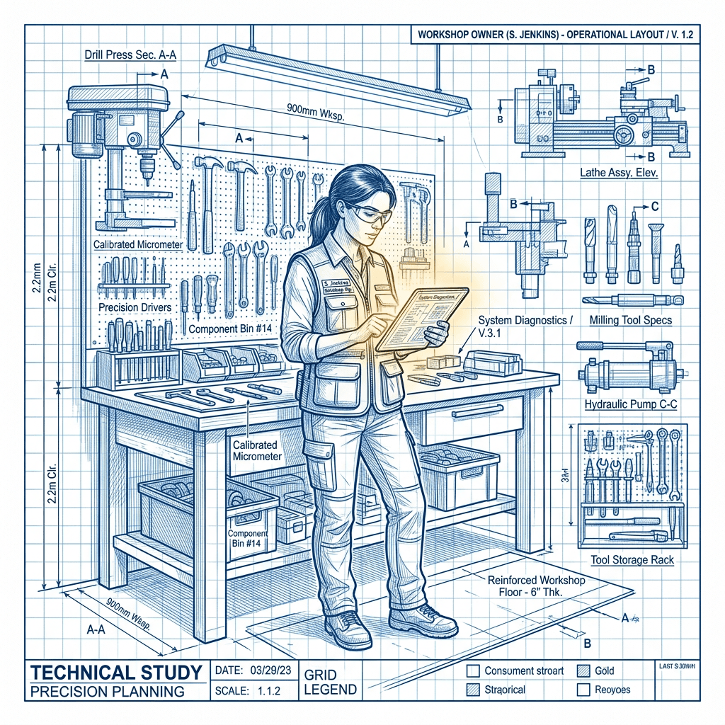Dueño de taller mecánico revisando su carpeta tributaria en una tablet frente a sus herramientas