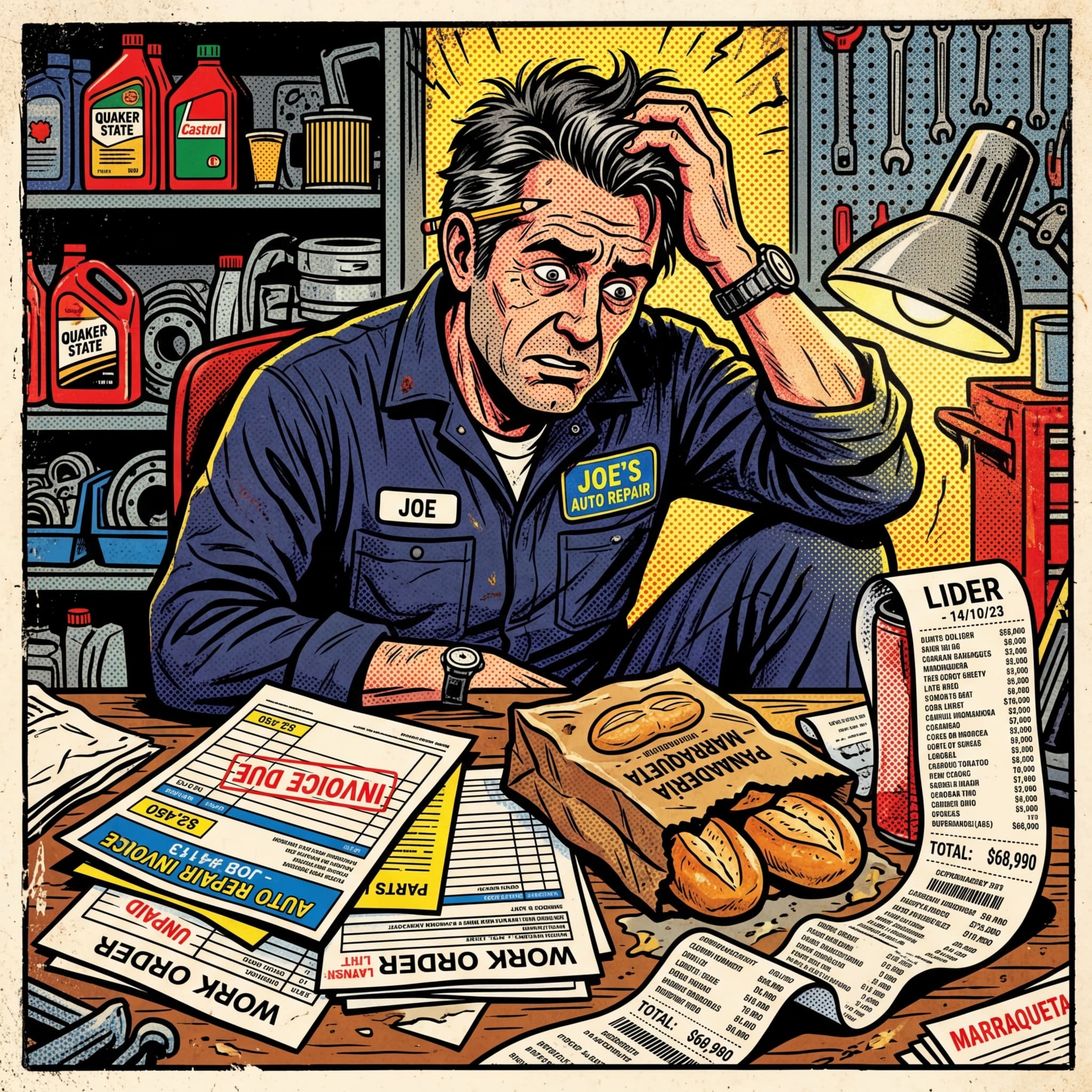 Dueño de taller mecánico revisando cuentas y boletas en su oficina