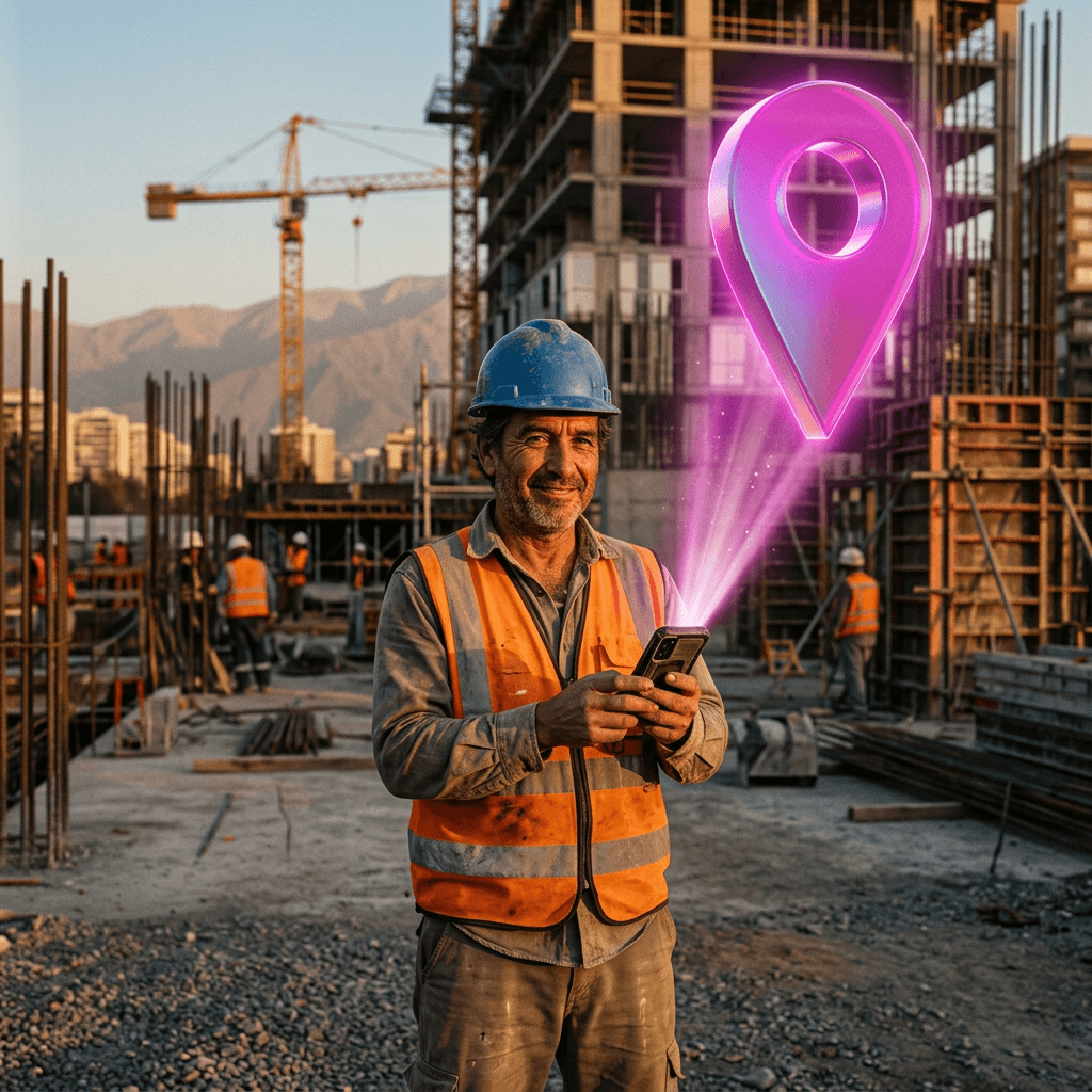 Dueño de un taller mecánico en Chile revisando su perfil de Google Business en un smartphone frente a su local.