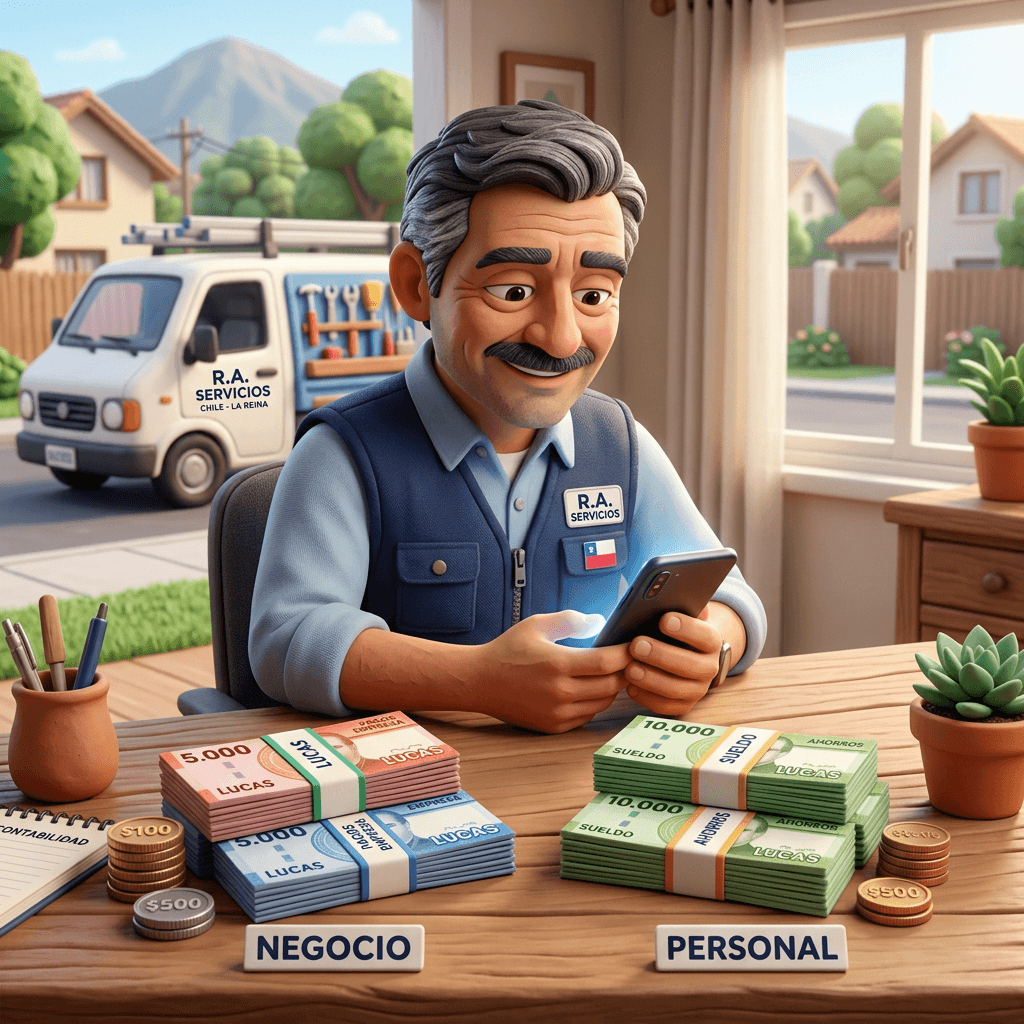 Dueño de constructora revisando finanzas en tablet frente a una obra en Santiago