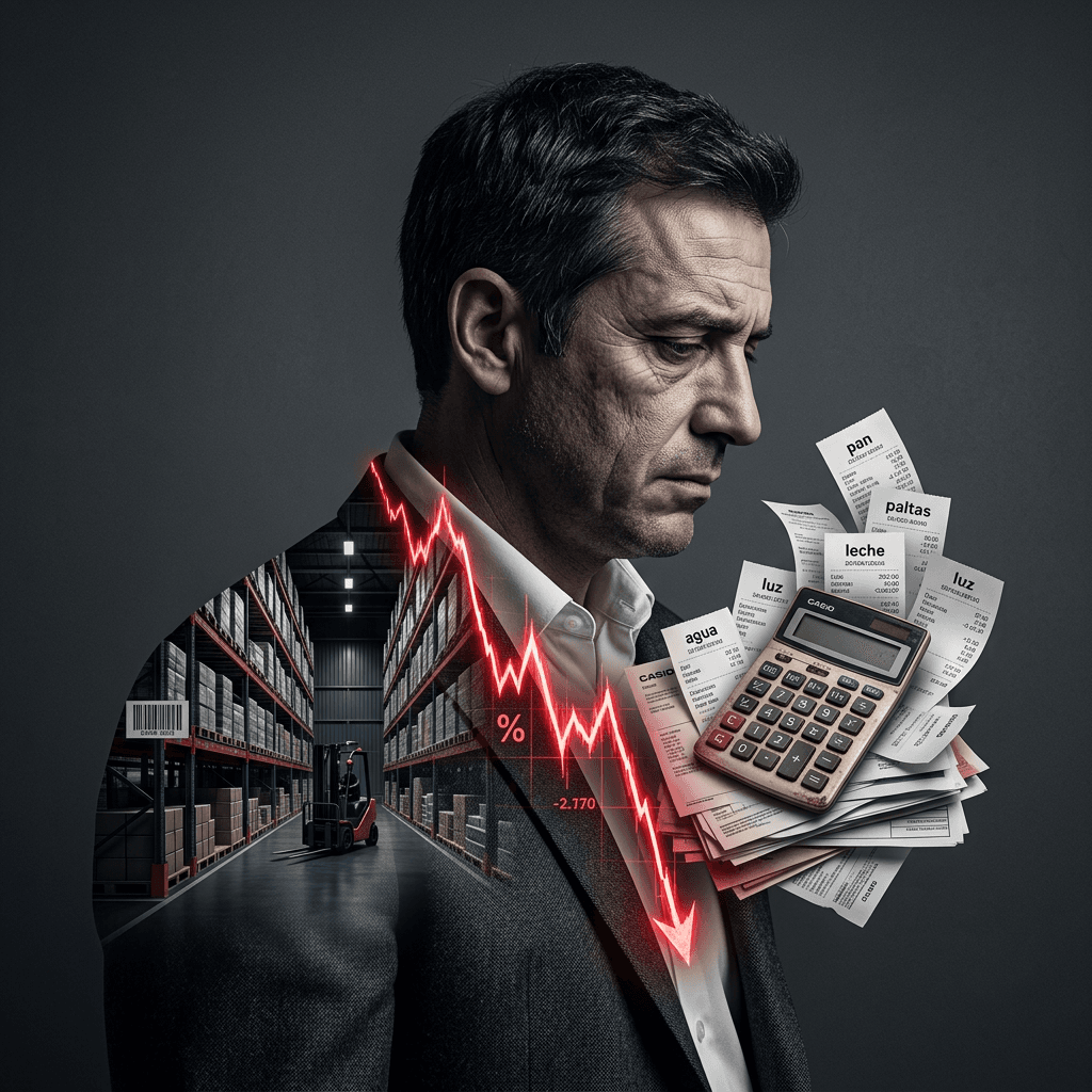 Dueño de una distribuidora en Chile revisando facturas y cuentas en su oficina con cara de preocupación.