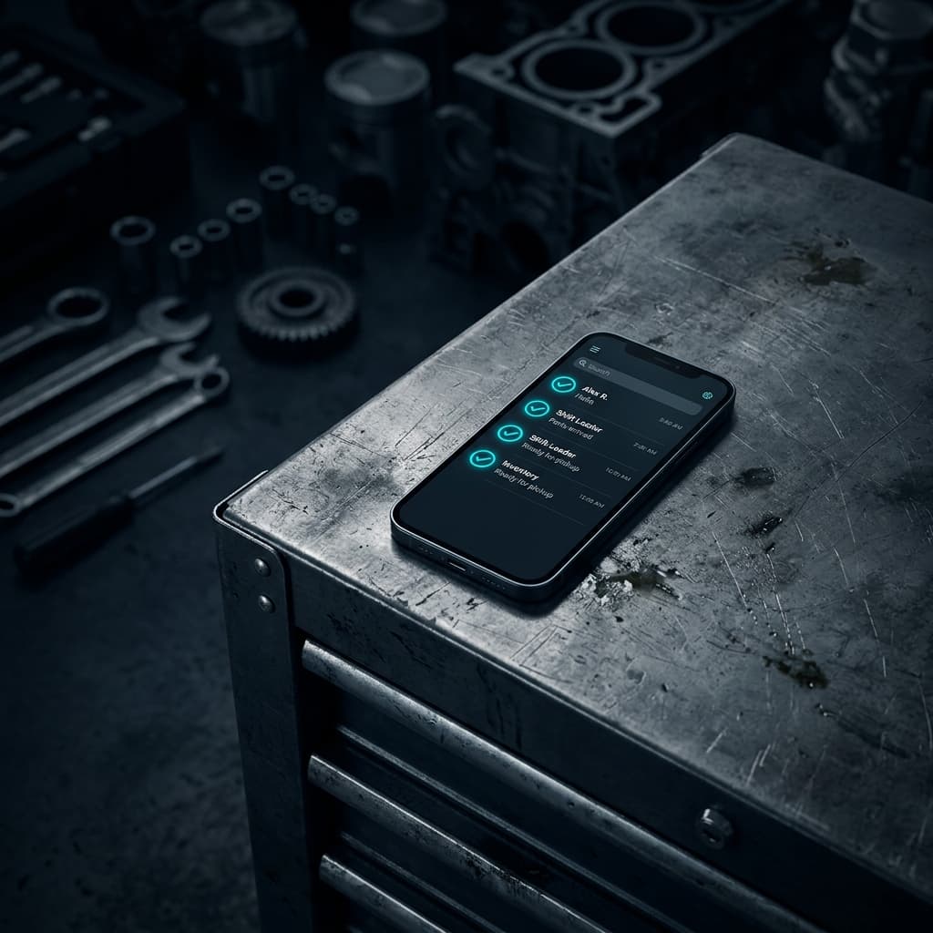 Dueño de un taller mecánico revisando su celular mientras trabaja en un motor, reflejando la rapidez de atención al cliente.