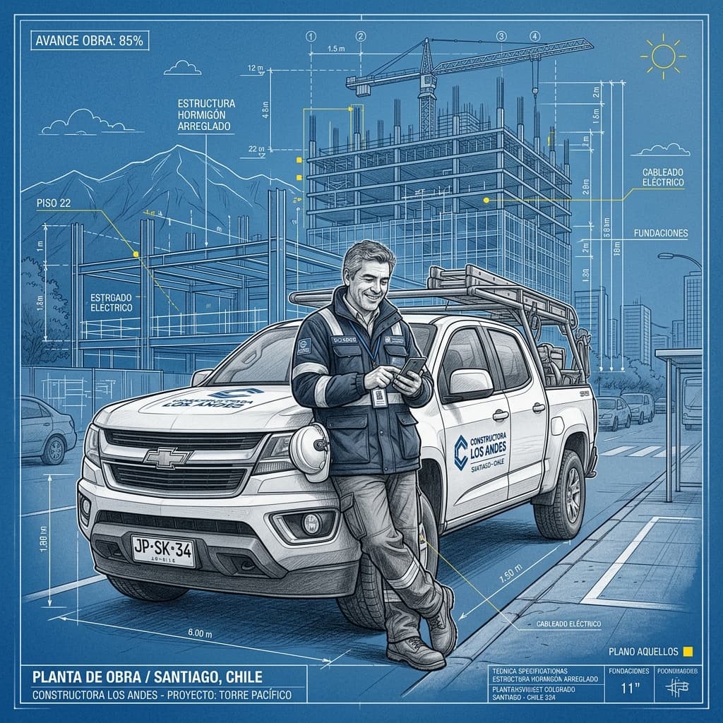 Dueño de empresa de climatización revisando cotizaciones automáticas en su celular desde una camioneta de trabajo.