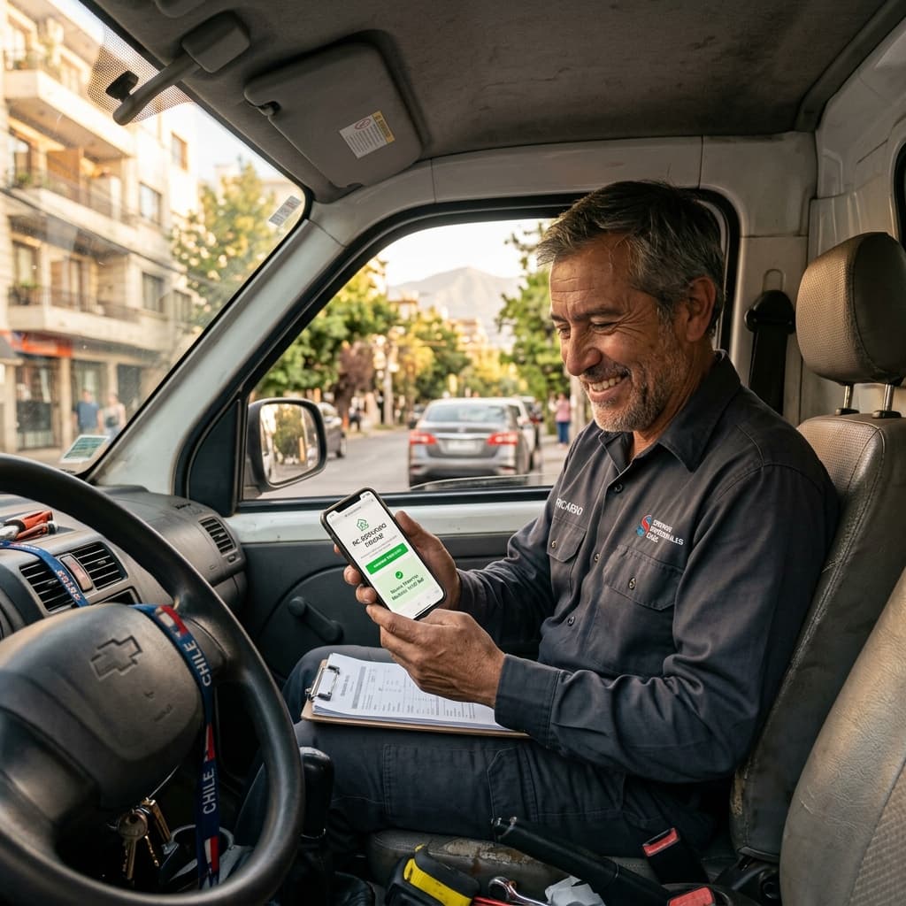 Dueño de taller mecánico frustrado mirando una página web lenta en su celular en una calle de Santiago.