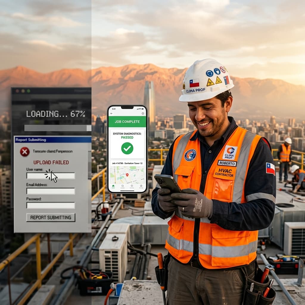 Comparativa entre un dueño de negocio estresado al teléfono y una interfaz web moderna y rápida
