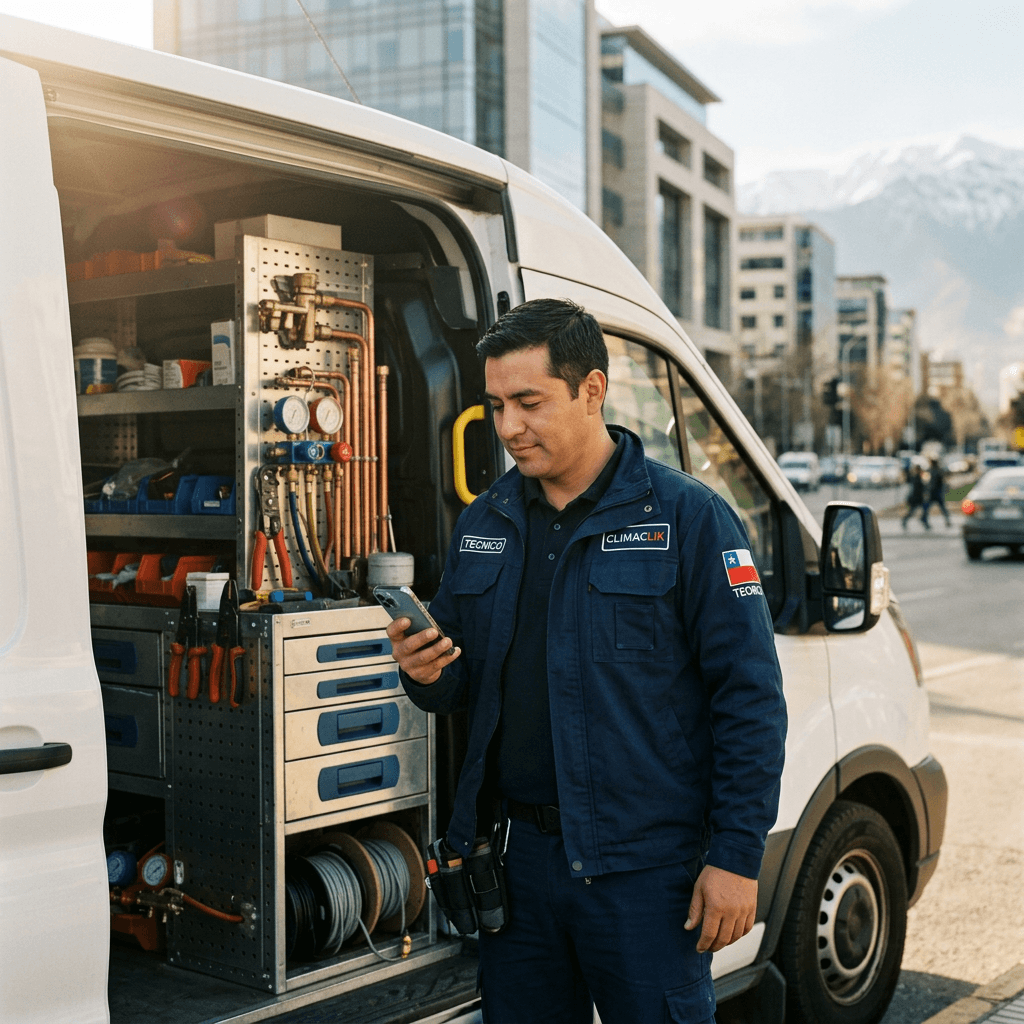 Dueño de empresa de climatización gestionando servicios técnicos desde su celular en una obra en Santiago