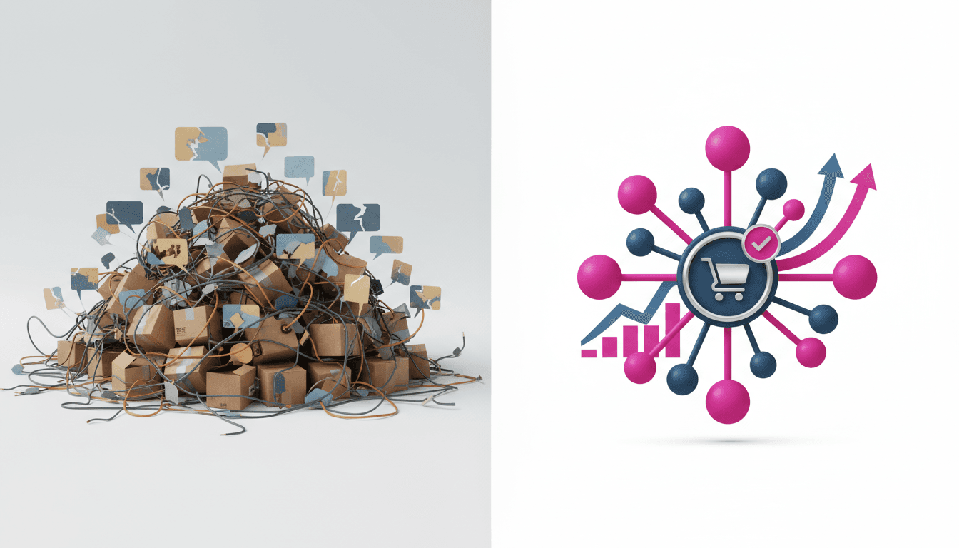 Dueña de Pyme de repostería o decoración agotada y estresada manejando pedidos por WhatsApp en su celular, con una pila de cajas de envío al lado.