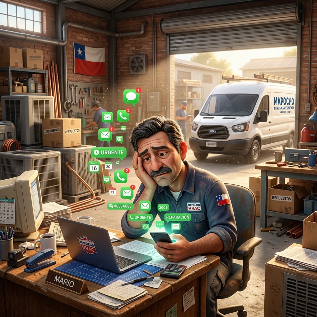 Dueño de empresa de servicios técnicos agotado revisando el celular en su taller
