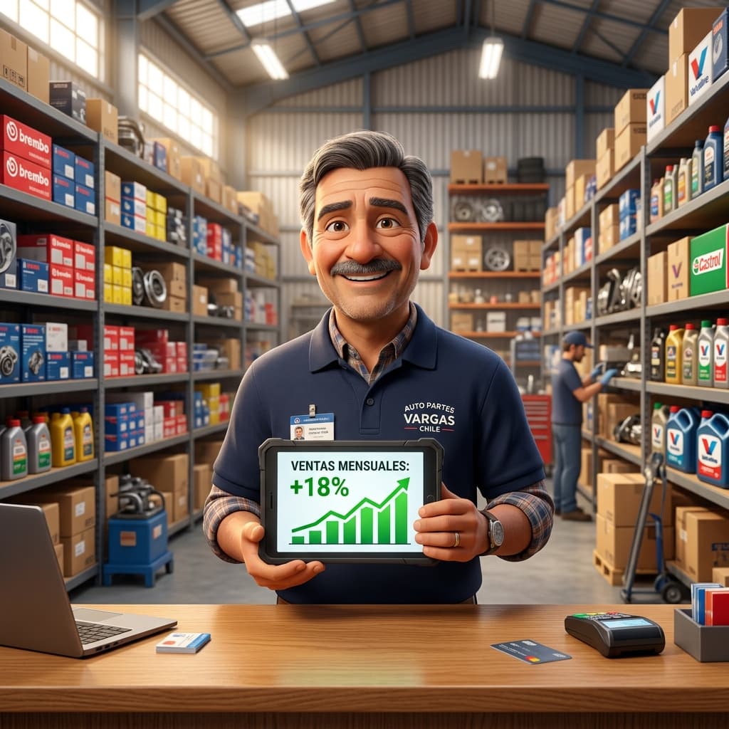 Dueño de distribuidora de repuestos revisando ventas integradas en una tablet