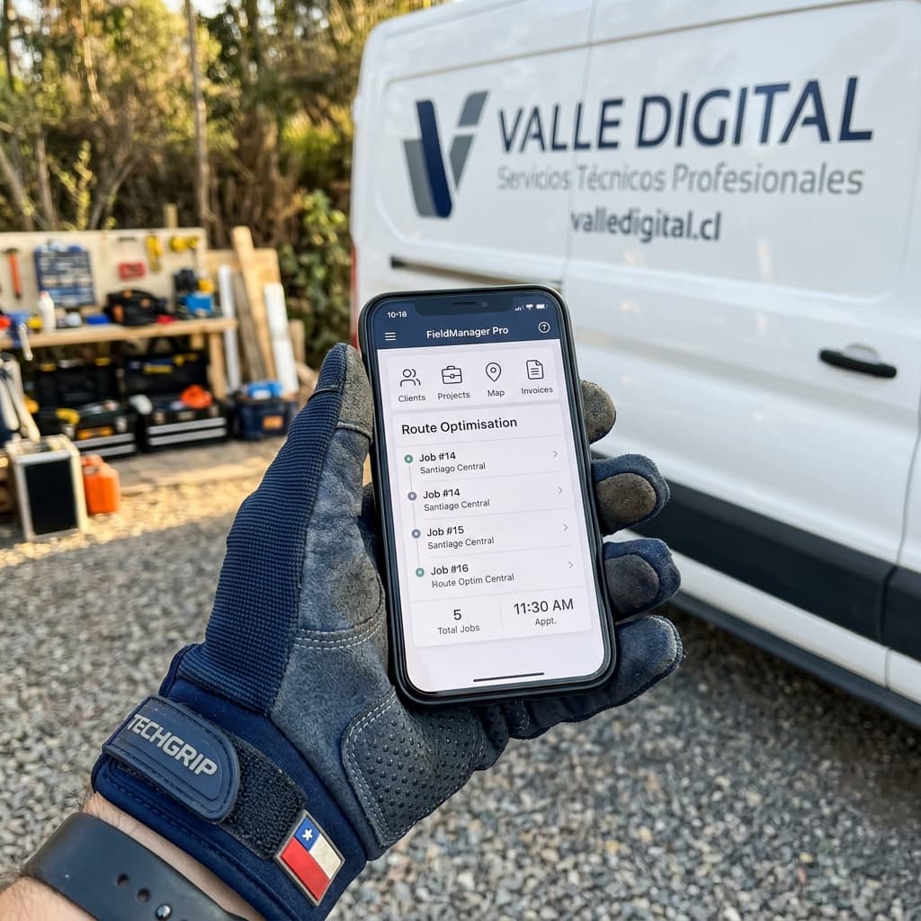 Contratista chileno revisando un presupuesto digital en su tablet frente a su camioneta rotulada con el logo de su empresa.