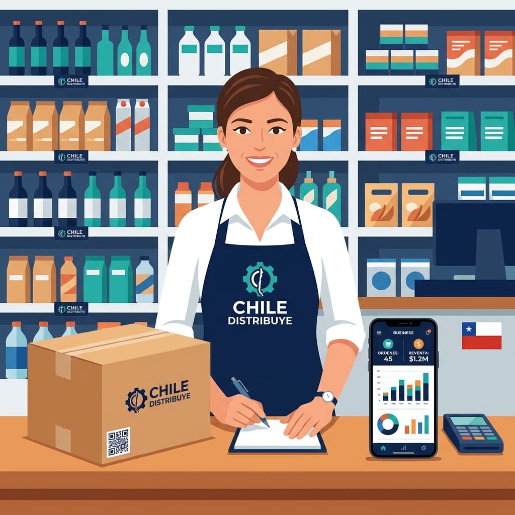 Dueño de negocio chileno revisando packaging con logo y código QR en su local