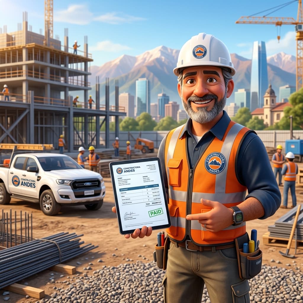 Dueño de constructora chilena mostrando una cotización profesional en su tablet frente a una obra en ejecución.