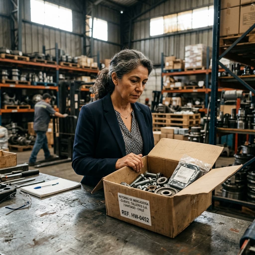 Dueño de distribuidora revisando cajas de devoluciones en su bodega en Santiago