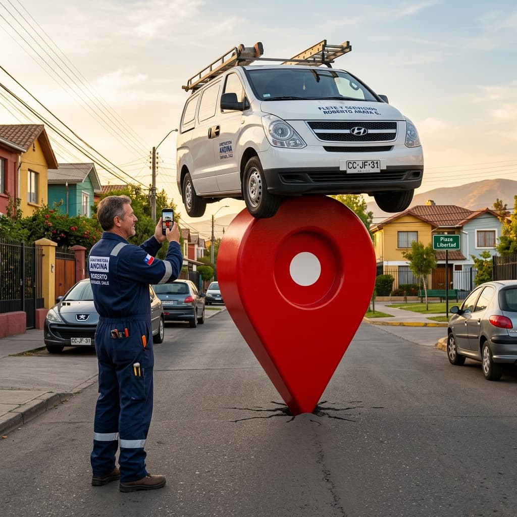 Contratista chileno tomando foto a su camioneta de trabajo para Google Maps