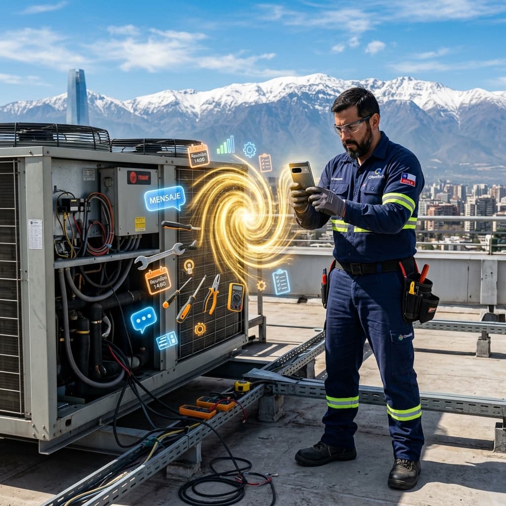 Técnico chileno grabando un video de una instalación de aire acondicionado con su celular para redes sociales