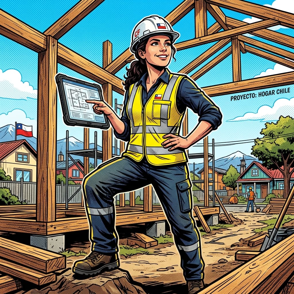 Contratista chileno mostrando en su tablet una foto real de una remodelación terminada en una comuna de Santiago.