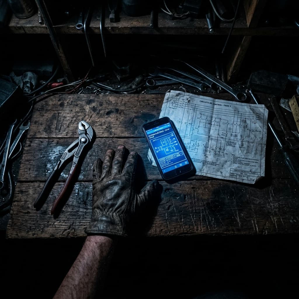 Dueño de taller de climatización mirando su celular con cara de agobio mientras de fondo se ve su equipo de trabajo operando.