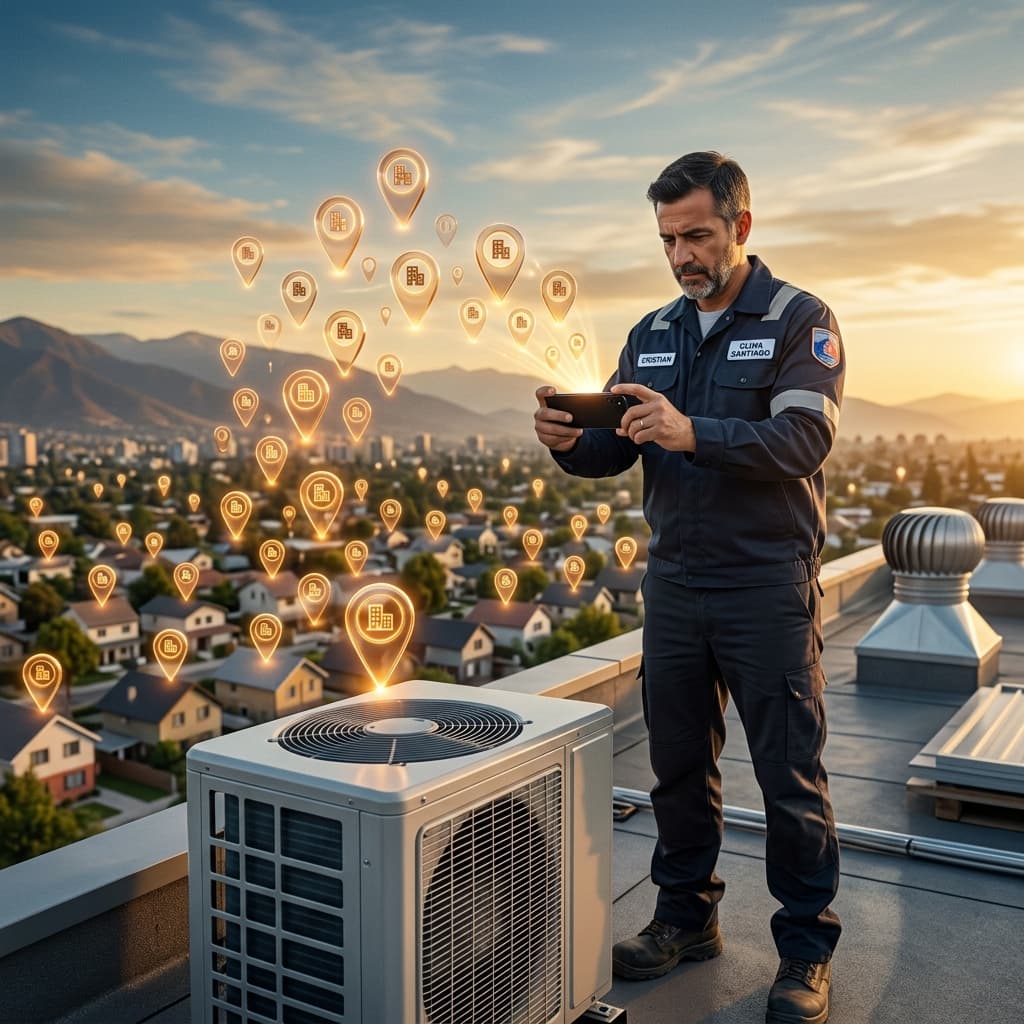 Técnico chileno grabando con su celular una instalación de aire acondicionado terminada para subirla a redes sociales.