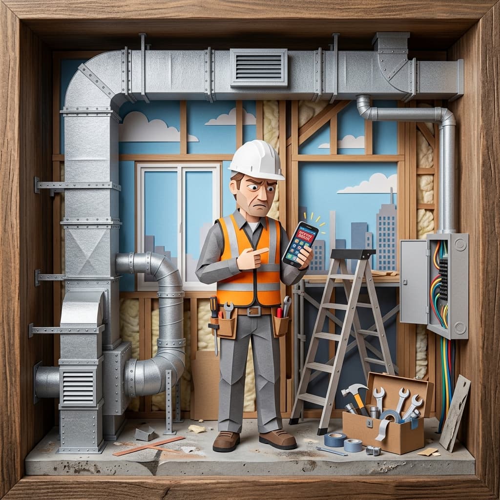 Contratista revisando su sitio web en un smartphone en una obra de construcción